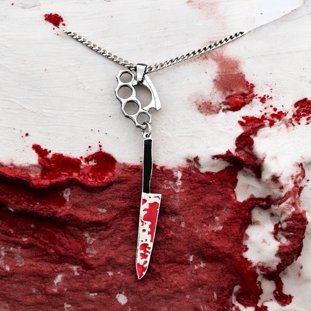 🆕 3D Brass Knuckles & Bloody Knife Pendant Necklace Alloy/Stainless Steel